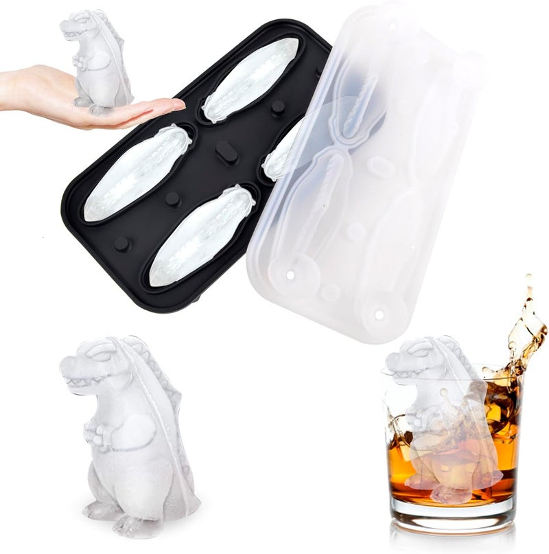 Nerien Dinosaur Ice Cube Tray Mold - 3D Dino Shape Ice Cube Trays, Cute Monster Ice Cube Molds for Whiskey Bourbon, 4-Hole Large Fun Shapes Ice Cube Trays with Lid, Funny Dinosaur Gifts for Lovers Women Men - Image 1